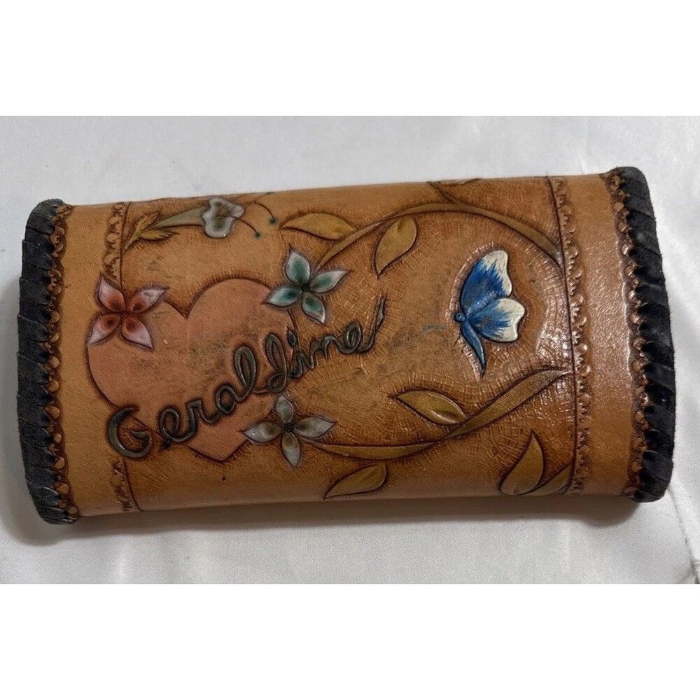 Vintage Tooled Leather Geraldine Wallet Womens Butterfly Floral Design